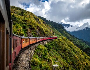 Naklejka premium Train curving through lush, verdant hillside with cloudy mountain backdrop