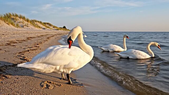 Graceful white waterfowl gather near a sandy shoreline at sunset