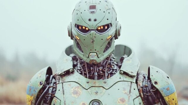 Weathered combat robot standing in a foggy desolate landscape. Great for sci-fi, artificial intelligence, future, or dystopian themes.