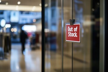 Sign shows out of stock status at a retail store entrance during shopping hours