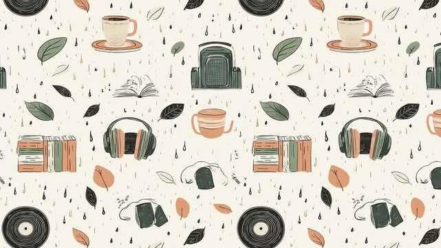 Seamless loop of hand-drawn retro patterns with books, records, and coffee mugs.
