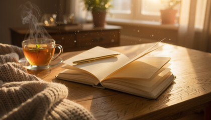 Cozy desk scene with tea and notebook for wellness and meditation