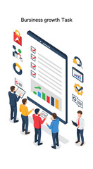Business team analyzing growth chart on large digital screen.