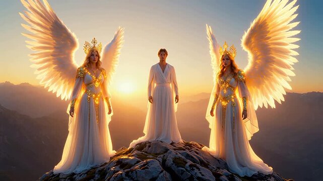 Three angelic figures on mountain peak