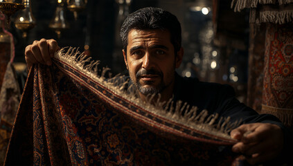 Fototapeta premium 暗い屋台に浮かぶ絨毯模様と交渉の視線、中東30代男が商談する映画的バザール