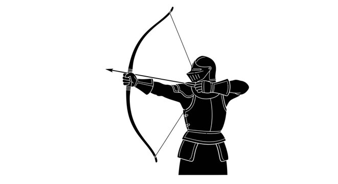 Medieval Archer in Full Armor Aiming Bow and Arrow, Black and White Silhouette