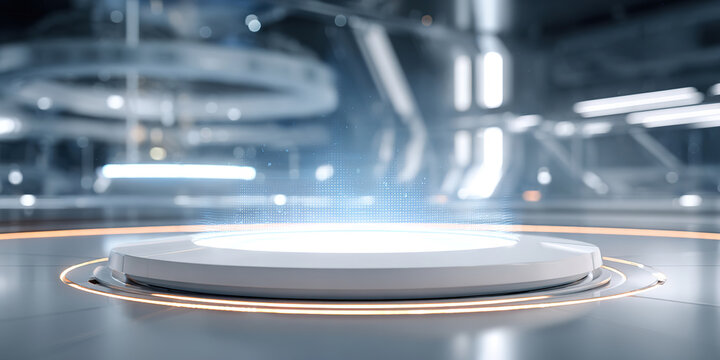 Technological futuristic metallic luminous indoor space product booth