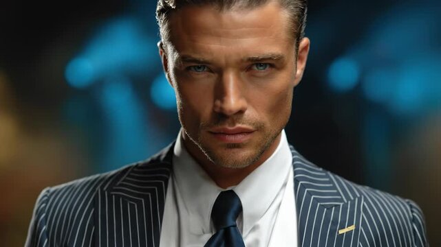 Distinguished gentleman in a refined pinstripe suit, exuding confidence, power, and sophisticated charm, a portrait of modern elegance, successful business and aspirational luxury