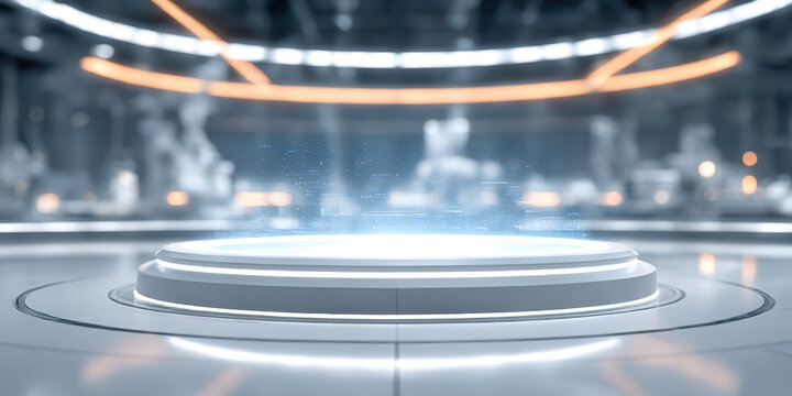 Technological futuristic metallic luminous indoor space product booth