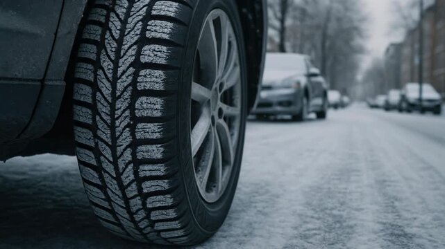 Detailed view of a winter car tire with snow-covered tread on a frozen road. Highlights winter driving safety and automotive performance in cold conditions.