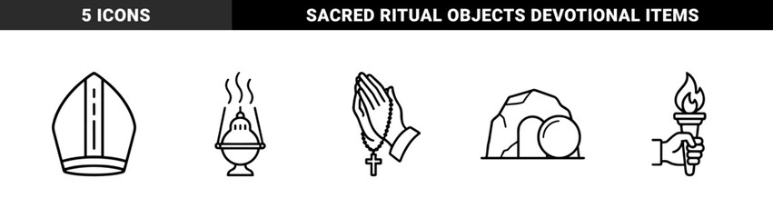 Fototapeta premium Christian symbols and Easter elements: praying hands, rosary, thurible, bishop miter, torch, and empty tomb. Minimalist monoline black and white graphic design.