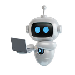 Obraz premium 3D illustration of ai robot holding laptop. Portraits of cartoon characters using computer.Transparent Background Mockup.Supports PNG files with transparent backgrounds.
