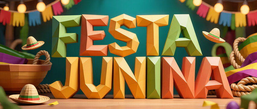 Colorful wooden letters spell out "FESTA JUNINA" on a table.