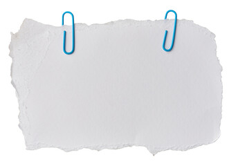 A horizontal piece of white paper with two blue paper clips on a white background