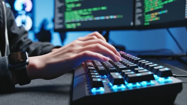 Person typing on a colorful illuminated keyboard with code on screens