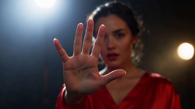 Woman with hand raised in front of lights