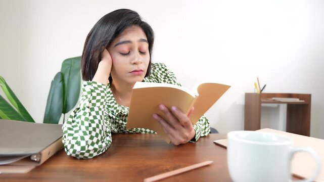 Close up of tired sleepy young Asian woman or student girl sits on chair at desk hold book reading studying feels exhaustion tiredness.