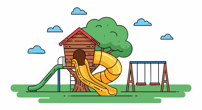 Playground with Treehouse, Slide, and Swings for Childrens Fun.