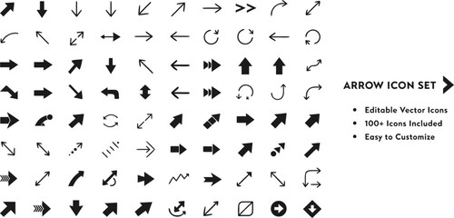 A comprehensive collection of black arrow icons, offering over 100 editable vector designs for various directional indications