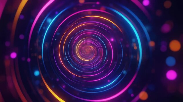 Abstract background featuring four quadrants of vibrant neon glowing spirals in pink, blue, and yellow with soft bokeh lights. Ideal for digital art, technology, events, and modern design.