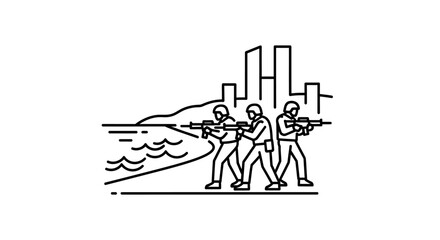 Obraz premium Military Soldiers Advancing on Beach with City Skyline Background