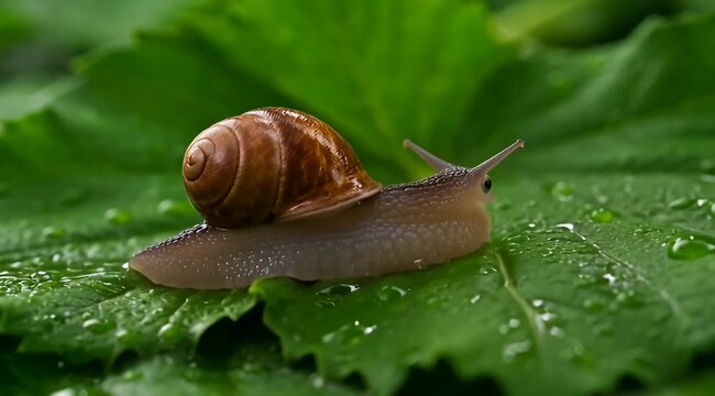 Close-up video of a small brown garden snail slowly crawling across a vibrant green leaf covered in glistening water droplets, showcasing its textured shell and delicate antennae in natural