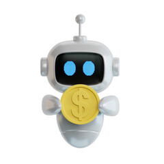 Fototapeta premium 3D illustration of ai robot holding dollar coin. Success and money investment concept. Transparent Background Mockup.Supports PNG files with transparent backgrounds.