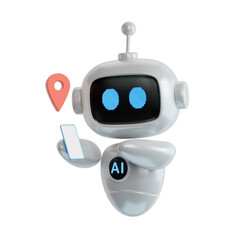 Obraz premium 3D illustration of ai robot use smartphone with red map pointer over white background with copy space.Transparent Background Mockup.Supports PNG files with transparent backgrounds.