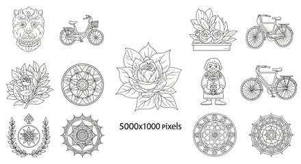 Vintage style line art illustrations featuring bicycles flowers mandalas and ornamental architectural motifs