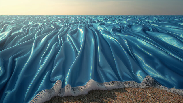 海の波が青いサテン布地だと気づく浜辺の種明かし風景写真
