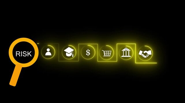 Financial analysts assess business risks using symbolic blocks and magnifying glass tools, representing credit risk, insurance planning, consumer protection, and structured financial management.