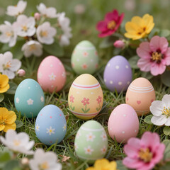 Fototapeta premium sci-fi, a photorealistic portrait featuring an easter egg hunt in a blooming garden filled with spring flowers