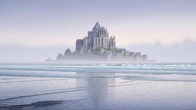 Mont Saint Michel tide timelapse shows sand covered by turquoise water and clouds moving over abbey spires