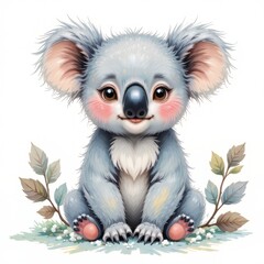 Fototapeta premium Pastel Baby Koala Clipart: Spring Brushstroke Illustration of Cute Koala with Eucalyptus Leaf, Isolated on White Background, High-Res PNG