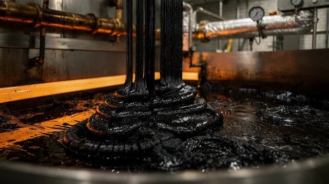 Closeup of soft pitch production from coal tar distillation highlighting the viscous texture and temperature control in an industrial refinery.