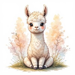Fototapeta premium Pastel Baby Llama Clipart: Spring Brushstroke Illustration of a Cute Alpaca Sitting, Isolated on White, Perfect for Spring Projects