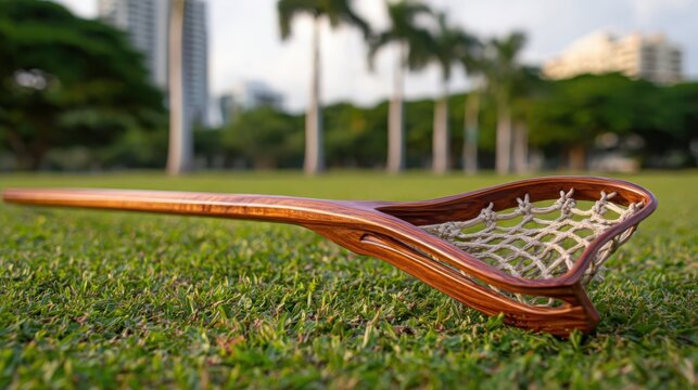 Polished Wooden Lacrosse Stick Resting on Green Grass with Blurred Outdoor Background