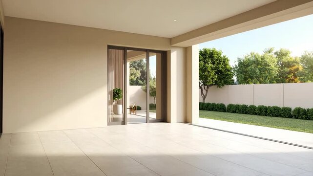 Spacious minimalist outdoor terrace of a contemporary house featuring sliding glass doors and green backyard