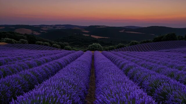 Rows of lavender sweep across hill. Purple flower row creates textured pattern across field and valley. Sunset glow paints landscape with orange and pink. Dusk brings calm mood over lavender bloom.