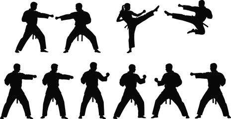 Martial arts silhouettes collection karate fighters performing punches and kicks isolated on white background combat sport action set © Mdmostakim