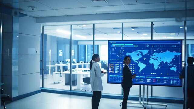 Team Discussing Global Data on Large Screen.