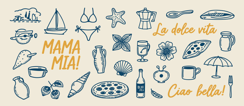 Italian Summer Vacation and Food Doodle Collection with La Dolce Vita and Mama Mia Text