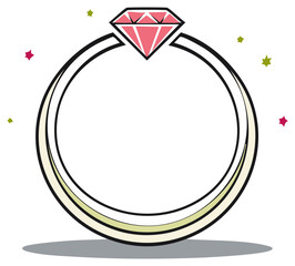 Cartoon Diamond Ring with Pink Gem, Sparkling Stars, and Geometric Shapes