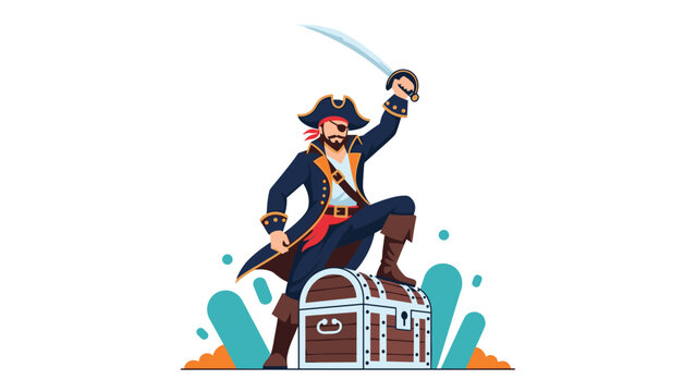 Brave pirate captain with a tricorn hat and eye patch stands triumphantly on a wooden treasure chest with his sword raised high in air.