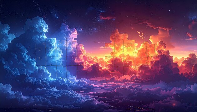 Futuristic puzzle explosion with layered spectrum clouds and  