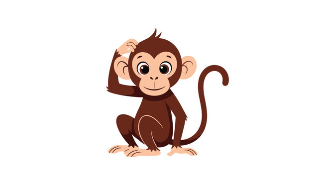 Small brown monkey character sits on the ground and scratches its head with a curious and thoughtful expression on its face in cartoon.