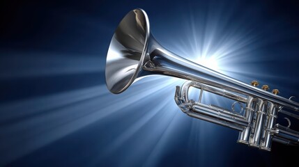 Obraz premium Gleaming silver trumpet shines with radiant light beams during a dynamic musical performance