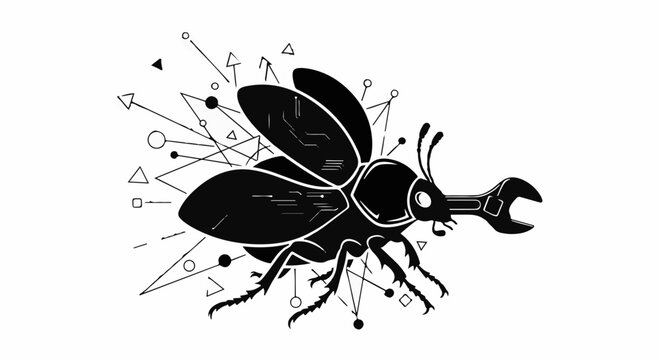 Creative insect with wrench tool and abstract geometric elements symbolizing innovation and problem-solving