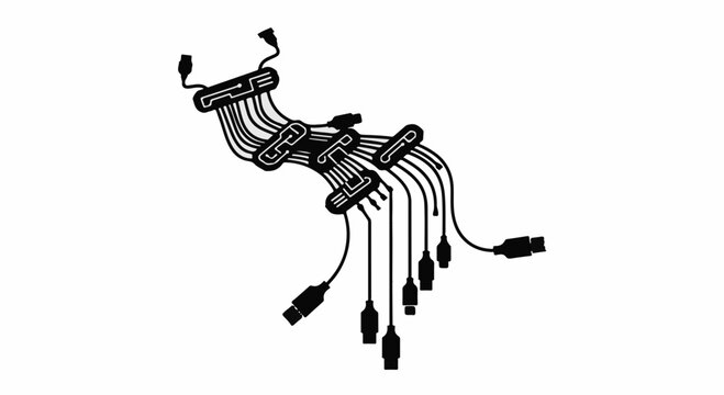 Complex web of electronic cables and connectors on a white background