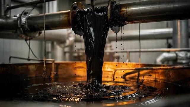 Closeup of soft pitch production from coal tar distillation highlighting the viscous texture and temperature control in an industrial refinery.
